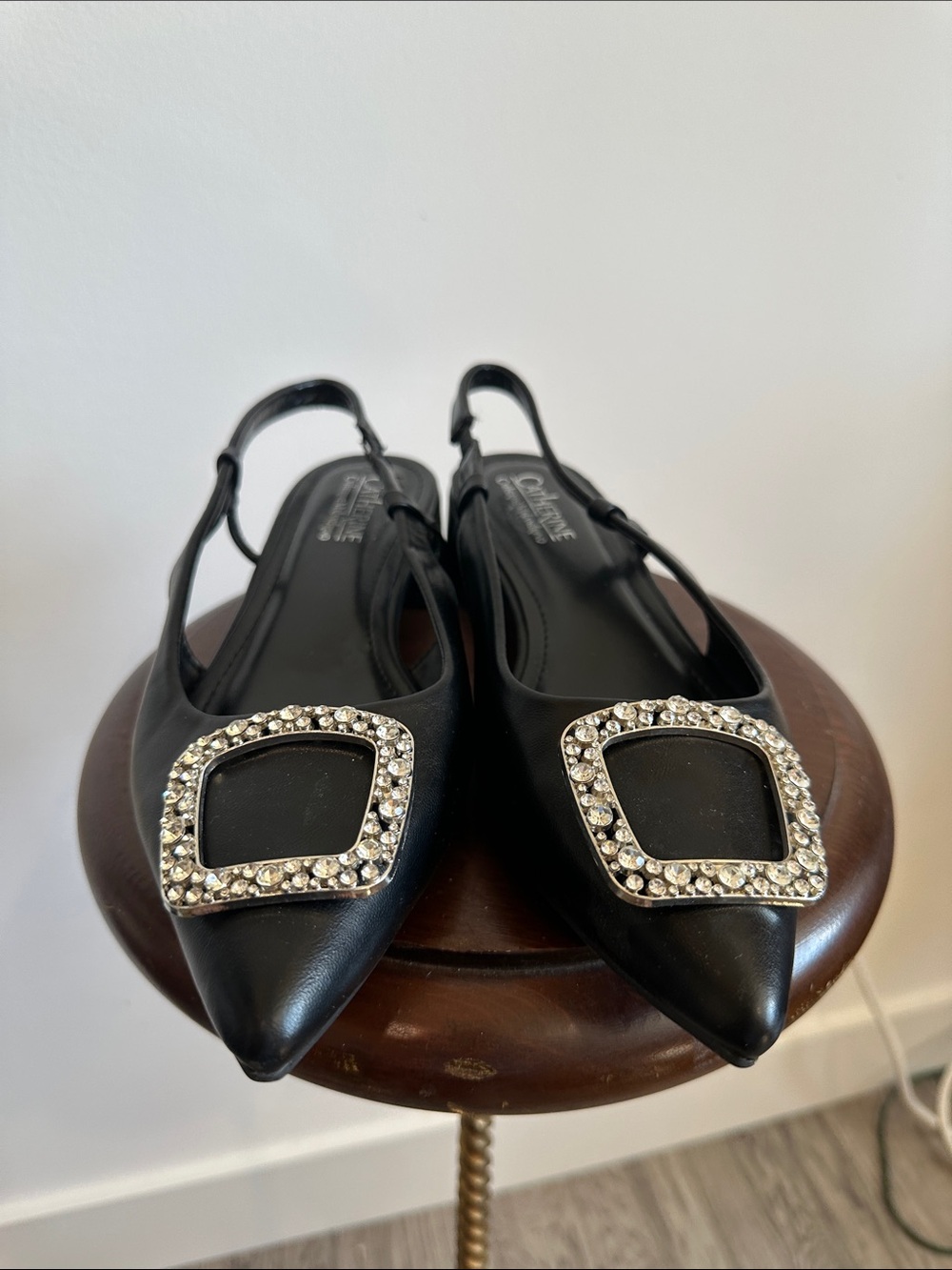 Catherine Malandrino Black Pointed Slingback Flats with Crystal Buckle